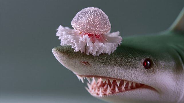 Shark model with a pink jellyfish perched on its snout, showcasing intricate details of teeth and textures against a soft green background