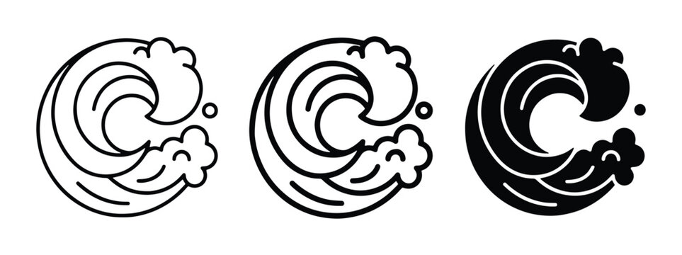 vector set of three waves with foam and bubbles in black and white
