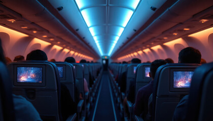 Airplane cabin interior at night with passengers in seats watching screen. Dim mood lighting in blue and orange hues. Enjoying in flight entertainment.