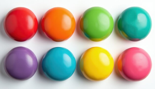 Eight colorful round objects in two rows show different hues. Smooth shiny spheres display spectrum of rainbow colors like red orange green blue yellow and pink.