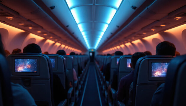 Airplane cabin interior at night with passengers in seats watching screen. Dim mood lighting in blue and orange hues. Enjoying in flight entertainment.