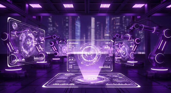 High tech robotic lab with multiple purple holographic AI interfaces