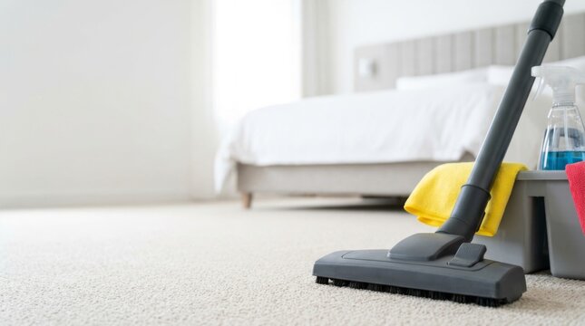 Vacuum cleaner and cleaning supplies on hotel room carpet. Professional housekeeping tools ready for floor maintenance. Hygiene and cleanliness concept in hospitality service.