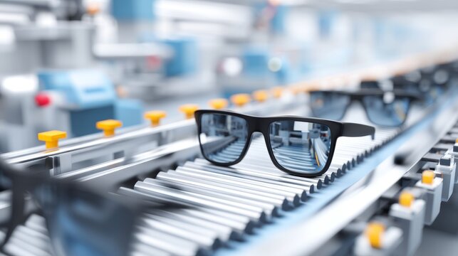 Modern Production Facility for Eyewear with Lenses and Frames in Motion