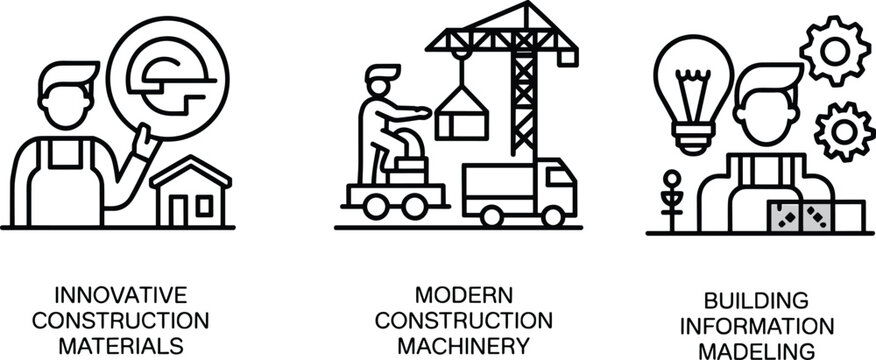 Construction concept icons set, innovative materials, modern machinery crane truck, building information modeling BIM, engineering industry vector illustration pack