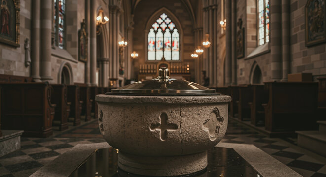 Stone baptismal font with cross in historic church. Selective focus on holy water basin with blurred altar in background. Christian faith and sacrament concept