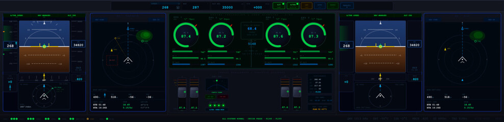 Civil Aircraft Cockpit Dashboard Interface. Dark civil aircraft cockpit dashboard with flight instruments, navigation displays, engine gauges, throttle controls, autopilot indicators. Vector elements © 24 std