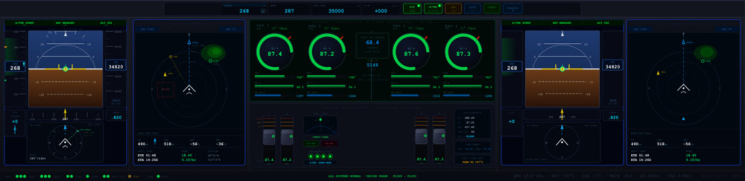 Civil Aircraft Cockpit Dashboard Interface. Dark civil aircraft cockpit dashboard with flight instruments, navigation displays, engine gauges, throttle controls, autopilot indicators. Vector elements