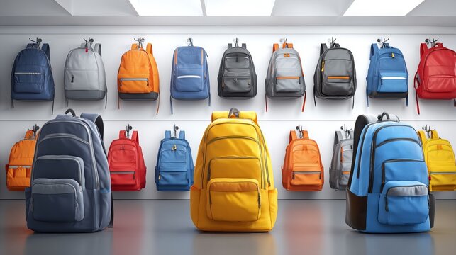 Colorful Display of Backpacks in Modern Retail Store Interior
