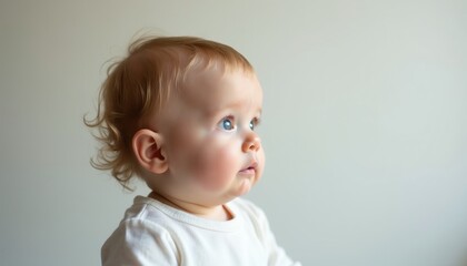 Naklejka premium Curious infant with light hair looks intently to side. Baby bright blue eyes explore the world, showing early learning and development. Innocent child watches something interesting.