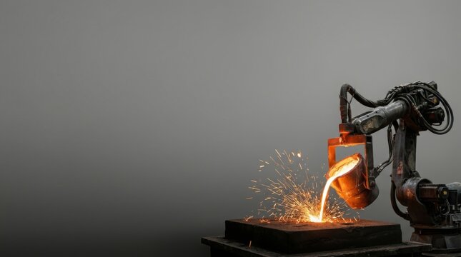 Robotic arm welding molten metal into steel block. Industrial automation process in manufacturing facility. Precision robotics for efficient production and advanced engineering technology.