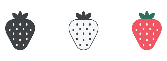 Strawberry Icons: Simple strawberry illustrations with three different styles. food design, berry illustration, healthy eating, fresh fruit, berry icon. © Shuvo S