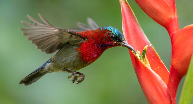 Small crimson sunbird hovering and drinking nectar from red flower