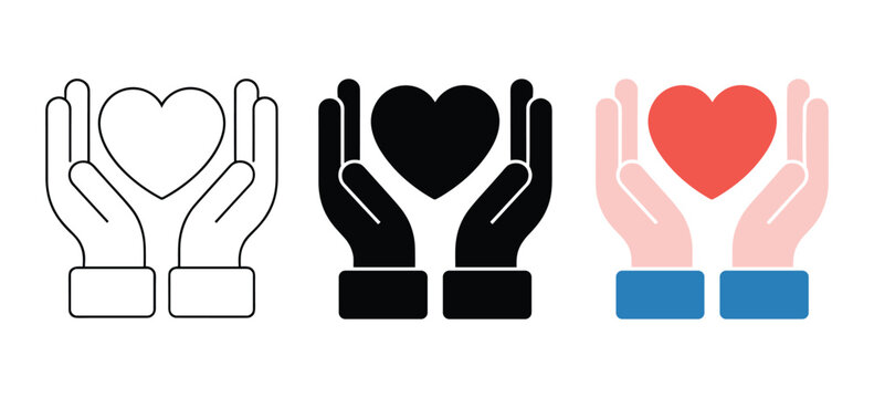 Heart in Hand Icons: Offering and Receiving Love. Charity concepts, kindness representation, heart symbol, sharing support, healthcare icon.