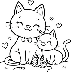 Obraz premium Adorable mother cat sitting with her small baby kitten cute animal family character for children coloring book pages and preschool activities