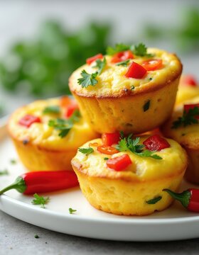 Mini egg muffins with bell peppers and herbs stacked on plate. Savory baked breakfast bites with red chili peppers and parsley. Healthy meal, fresh ingredients.