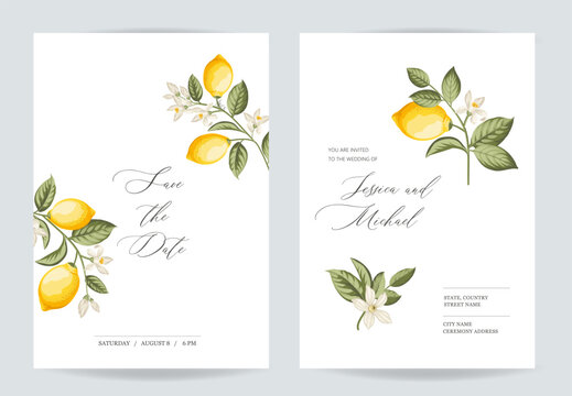 Wedding invitation. Save the date greeting card. Lemon illustration
