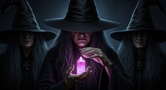 Three mysterious witches in coven casting spell with glowing pink crystal. Dark fantasy portrait of sorceresses in black robes and hats