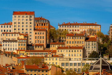 Obraz premium View of the architecture of the city of Lyon, France, from a cruise on the Saone.