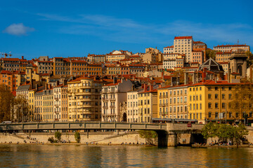 Obraz premium View of the architecture of the city of Lyon, France, from a cruise on the Saone.