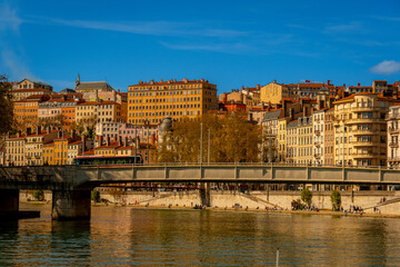 Fototapeta premium View of the architecture of the city of Lyon, France, from a cruise on the Saone.