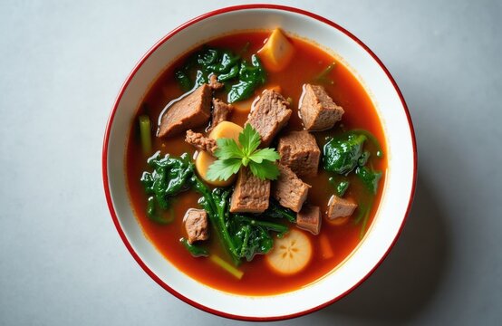 Bowl of beef stew with greens and broth. Tender meat chunks simmer in rich red liquid with leafy vegetables. Hot, savory, and nourishing meal for cold days.