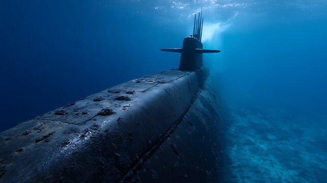 Stealthy underwater vehicle navigates deep blue ocean waters, powerful and mysterious, with sunlight filtering through the surface from above