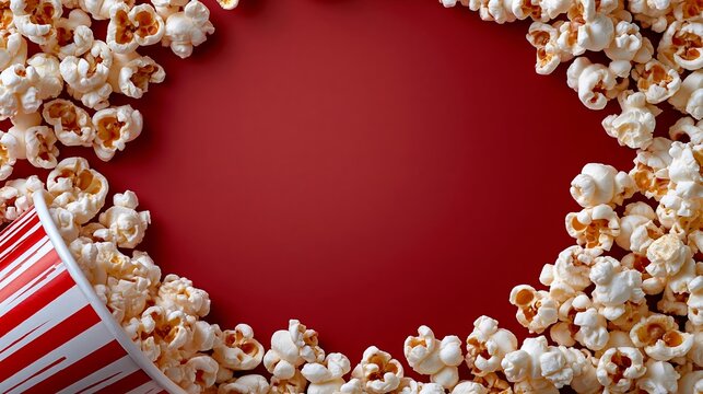 Popcorn in a red striped container surrounded by scattered popcorn kernels on a vibrant red background, ideal for movie night or snack-themed designs