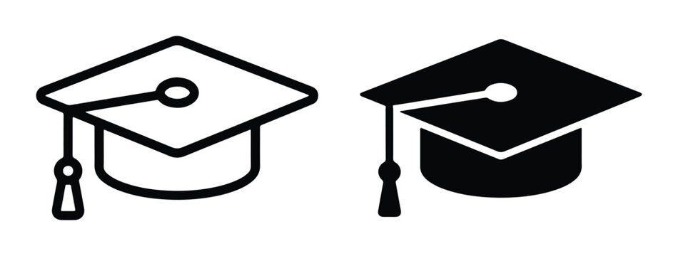 vector illustration of graduation caps in black and white outline style