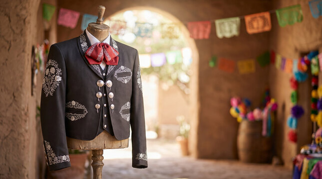 Traditional charro suit displayed on a mannequin in festive setting  