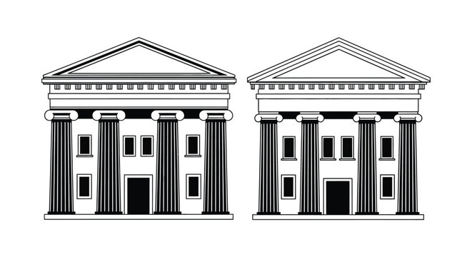 Classical building silhouettes with columns and pediments black and white silhouette high quality professional detailed modern