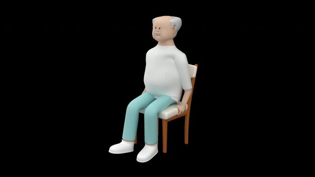 Stylized animation of an elderly man performing seated knee flexion on a chair, 3d render with alpha channel