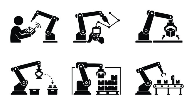 vector robotic arms performing various tasks in industrial settings