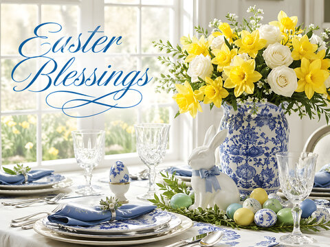 Bright Easter table setting with daffodils, bunny decor, pastel eggs and easter blessings text, generated ai
