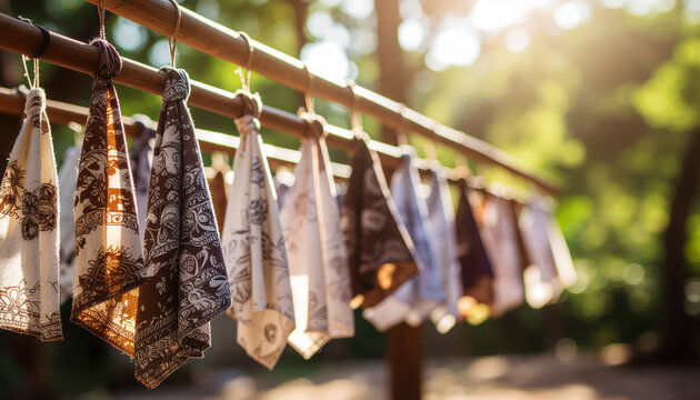 Hanging textile samples in sunlight
