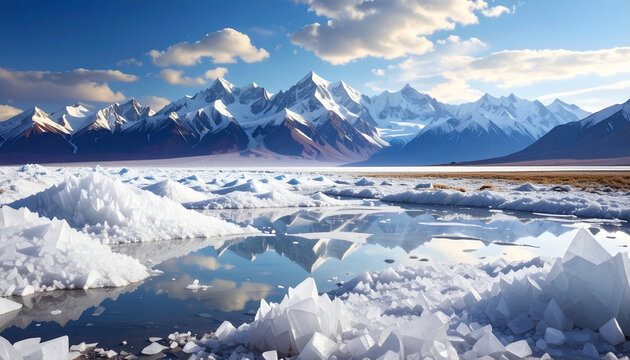Snow capped mountains and frozen lake under cloudy sky landscape