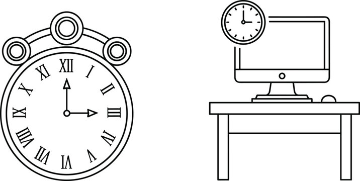 Linear vector icons featuring an ornate Roman numeral clock and a computer workstation for productivity concepts