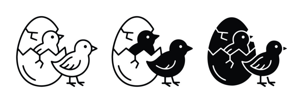 chick hatchling emerging from cracked egg shell with parent bird watching over it in black and white silhouette set