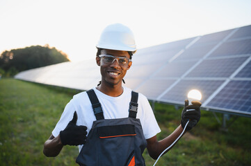 African american man holding light bulb at solar farm © Serhii