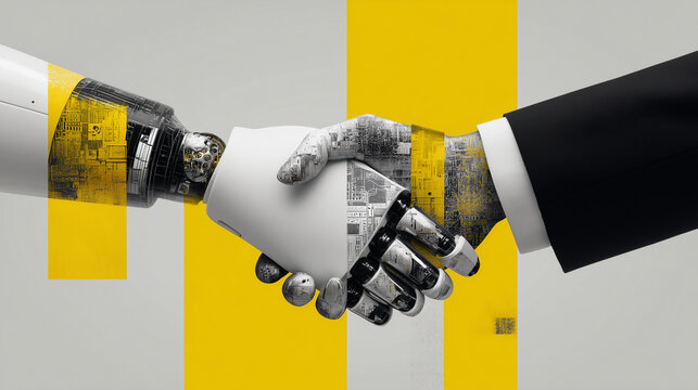 Human and AI partnership handshake in modern business concept collage