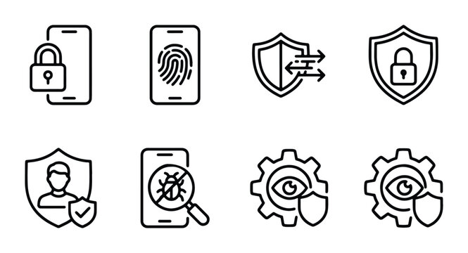 vector set of security and privacy symbols including lock screen fingerprint scanner shield with arrows eye in gear