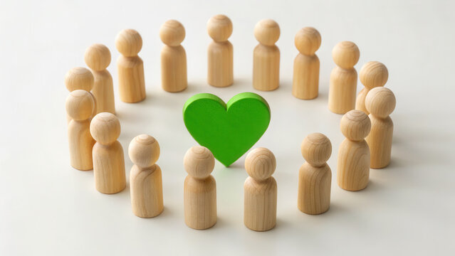 Wooden figures forming a circle around a bright green heart on a white background, community support, team unity, environmental care concept.