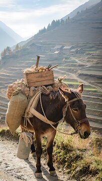 A hardworking mule carrying supplies on a mountain trail.