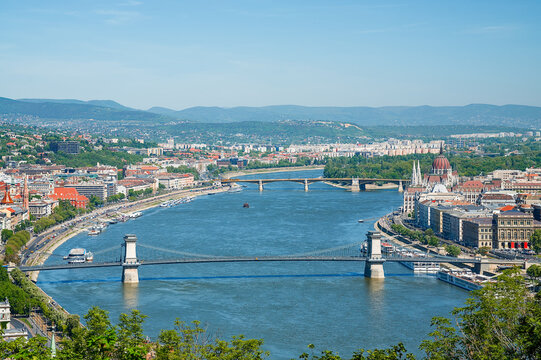 Budapest panorama with the Danube River, Chain Bridge, Parliament, Petofi Bridge, Margit Island, Budapest, Hungary