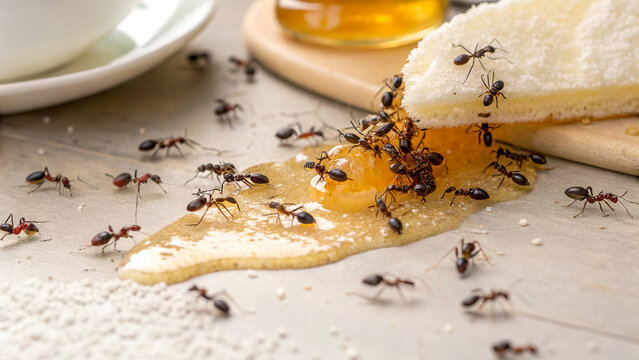 A swarm of ants eating spilled honey on a kitchen table, pest control concept, insect infestation, sweet food problem.
