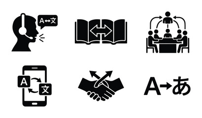 a set of six black and white vector icons representing various forms of written and spoken language translation services © Shanjida