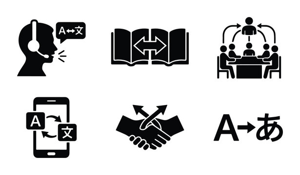 a set of six black and white vector icons representing various forms of written and spoken language translation services
