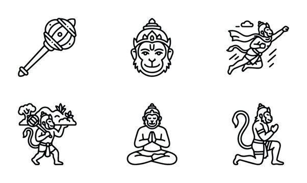 a set of six black and white outline illustrations featuring various poses and activities involving a monkey character