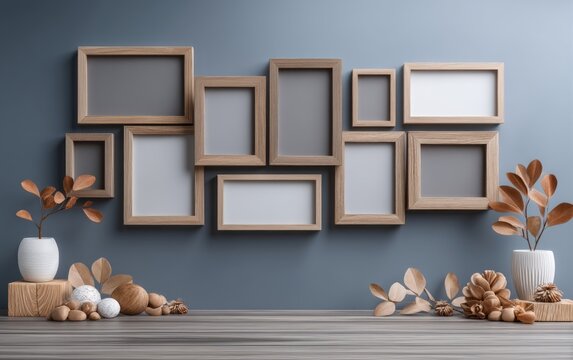 Artistic Arrangement of Empty Frames Surrounded by Natural Elements