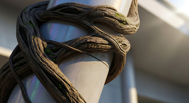 Gnarled wooden vines wrapping around a modern white pillar in a close-up, high-definition, detailed shot